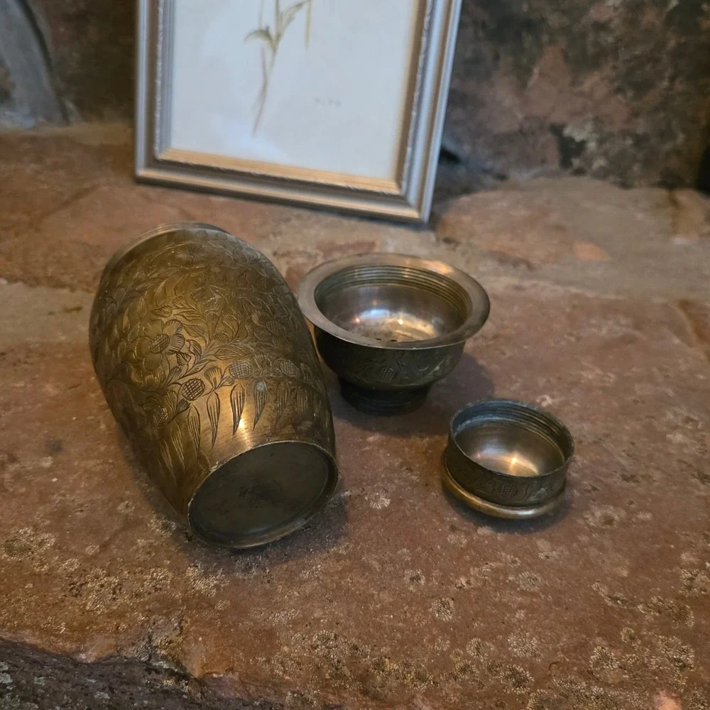 Vintage Etched Brass Martini Shaker Floral Hand Engraved 3 Piece Cobbler Shaker